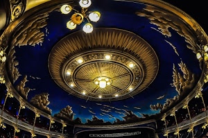 soffitto, teatro, luci, blu, palchi, lampadari, cielo, cerchi, lampadario, cerchio, oro, lampade, lampadine, dipinto, nuvole