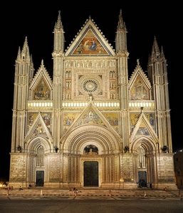 duomo, guglie, facciata, rosone, chiesa, cattedrale, orvieto, mosaici, notte, portali